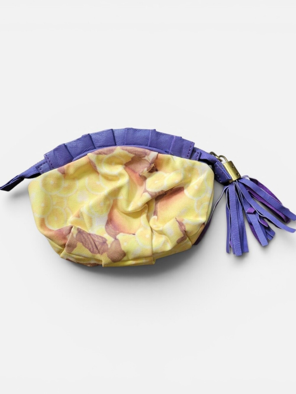 Miss Albright Zip Top Pouch Lemon Print Purple Trim Tassel Pull Anthropoligie